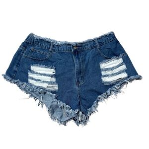 SHEIN Frayed Hem Blue Jean Shorts High-Waisted Distressed Denim Size 2XL Women’s